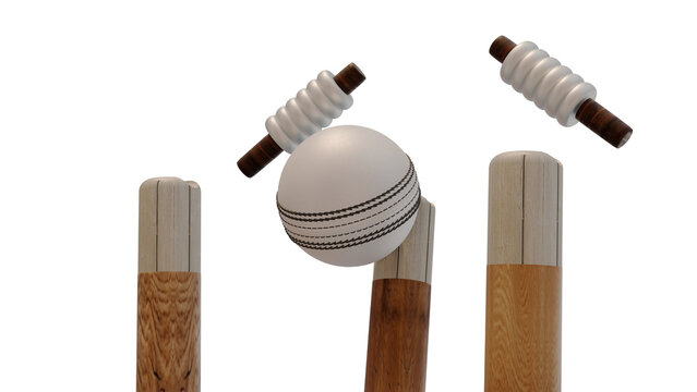 White cricket ball with wooden stumps and bails