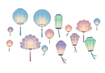 Obraz premium Collection of Diverse Decorative Lanterns Illuminated with Soft Light.