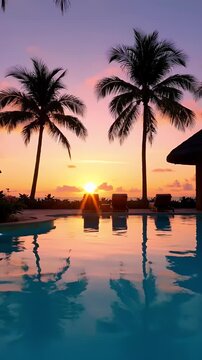 A serene video of a tropical pool at sunset with palm trees
