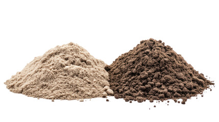 Two piles of different textured powders on transparent background