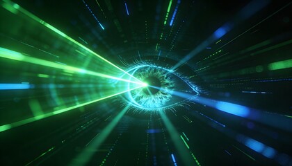 Obraz premium Glowing Green Digital Eye with Neon Speed Lines. Futuristic Artificial Intelligence Vision and Cyber Surveillance Concept. Abstract High Tech HUD Interface Background 3D Illustration