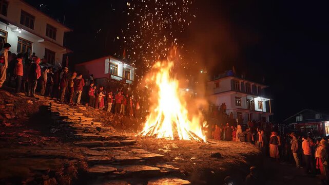 Holika Dahan bonfire celebration at night religious festival