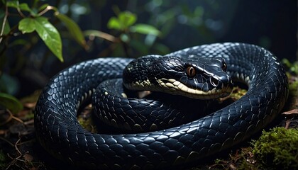 Fototapeta premium Coiled black snake with amber eyes rests on mossy ground amid lush foliage in dappled light