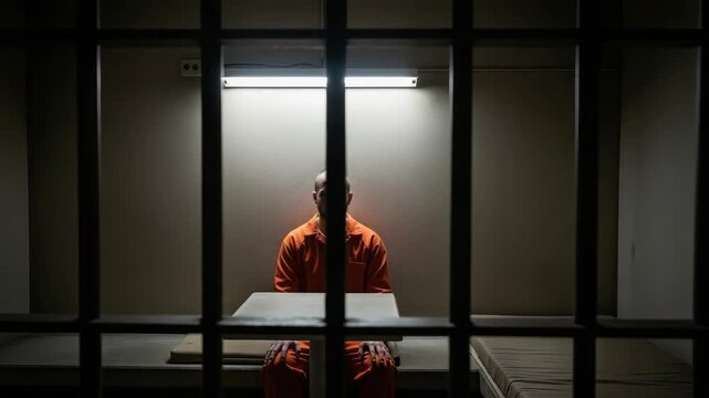 Bald Man In Prison Garb Sits Behind Bars Inside Of Prison Cell With Table In Front Of Him Lit By Fluorescent Light For Stories About Incarceration Crime