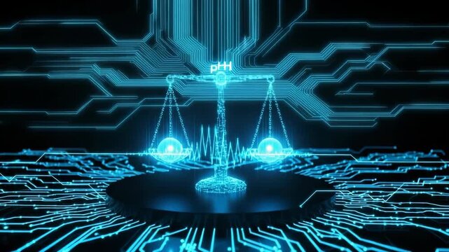 Glowing Digital Illustration Of Balance Scales Ph Level On Circuit Board Background Demonstrating Balance Equality For Scientific Technological Data Healthcare Concepts