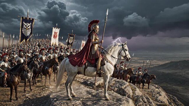 Ancient Warrior on Horseback Leading Army into Battle Under Stormy Skies.