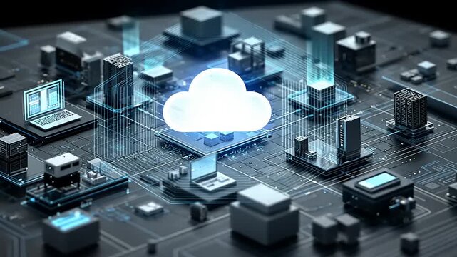 Futuristic cloud computing network with digital devices and data flow in a tech cityscape