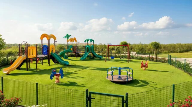 Brightly Colored Childrens Playground Featuring Slides Swings Other Equipment Set In Fenced Green Area Under Sunny Sky For Recreational Activities