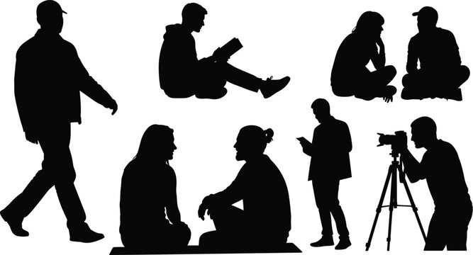 Human activity silhouettes illustration, walking reading talking artwork, camera operator design, minimalist character concept, lifestyle symbol, social interaction
