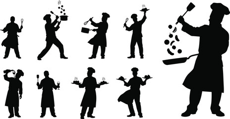 Chef silhouettes illustration, cooking activity artwork, culinary design concept, kitchen utensil symbol, food preparation style, professional cooking figure