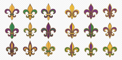 Mardi Gras Fleur de Lis symbols set in traditional purple, green, and gold colors, isolated on transparent background. © MuammarAuliyan