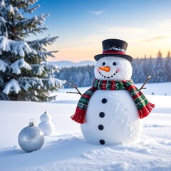 Obraz premium Cheerful snowman with scarf & hat stands in winter snowscape at sunset, flanked by pine trees and ornaments