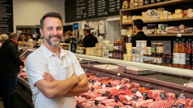 Smiling Butcher In White Apron Stands Proudly With Crossed Arms In Shop In Front Of Counter Displaying Various Cuts Of Raw Meat With Other Goods Customers In The Background For Food-