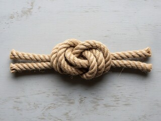 Fototapeta premium Detailed nautical knot made of rope resting on a textured wood surface
