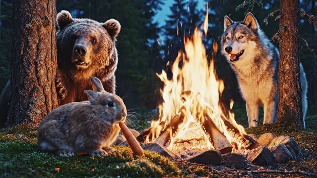 Unlikely Friends: A Bear, Wolf, and Rabbit Gather Around a Campfire in a Forest Setting