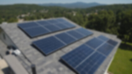 Fototapeta premium Blurred background of Mid-installation solar panel setup with half-mounted panels and visible cable routing, clean organized work area, modern suburban background, daytime, bright even lighting.