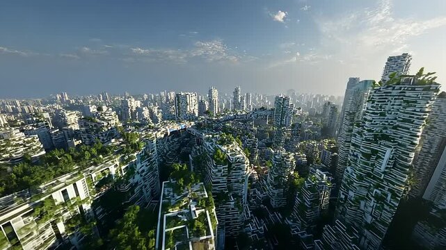 Futuristic cityscape with lush greenery on skyscrapers, showcasing urban sustainability and innovation