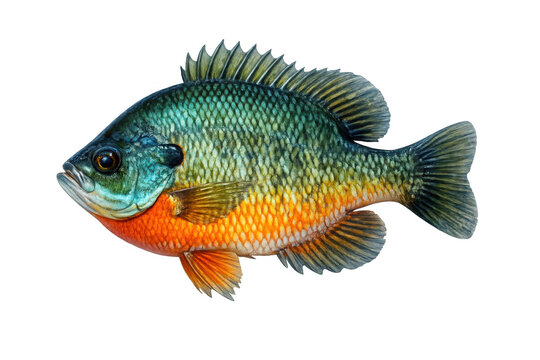Bluegill sunfish swimming, lepomis macrochirus, panfish showing vibrant colors against transparent background