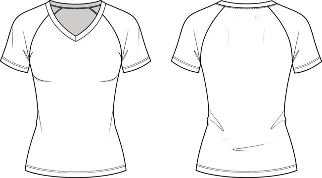 Women v neck raglan t shirt technical fashion flat sketch front and back view athletic apparel design template