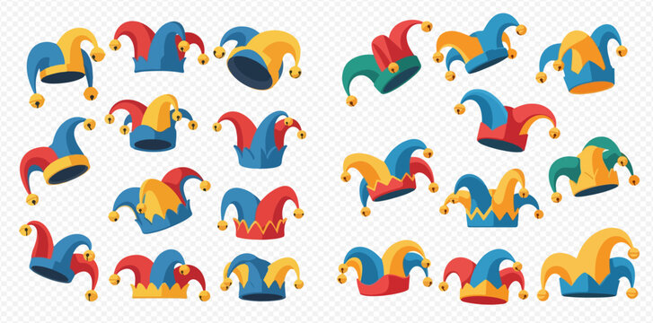 Set of colorful jester hats with bells, carnival costume accessories, and clown caps for entertainment and celebration.