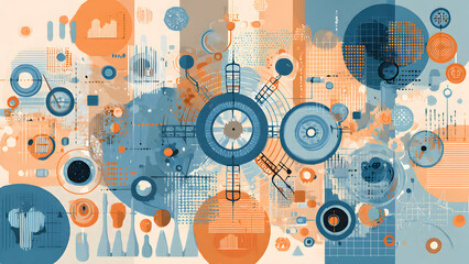 Obraz premium Generate abstract medical vector art with flat icons of DNA chain, pill network, stethoscope wave, virus shield, and data analytics in cyan blue and soft orange for tech posters.