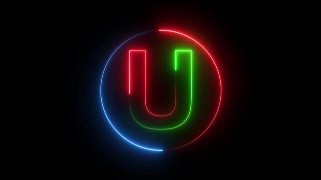A neon video logo with a glowing U shape in a circle on a dark background