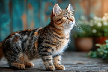 Obraz premium Adorable striped cat with mesmerizing green eyes poses gracefully in a sunlit room surrounded by soft natural colors and greenery, showcasing its playful nature and beauty.