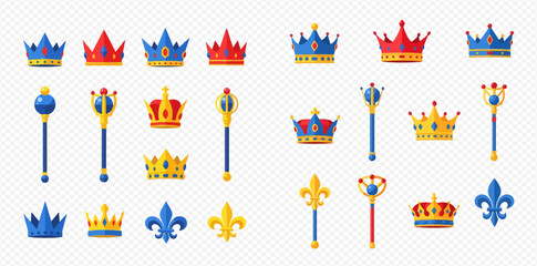 Naklejka premium Set of royal crowns, scepters, and fleur de lis symbols for monarchy and power concepts.