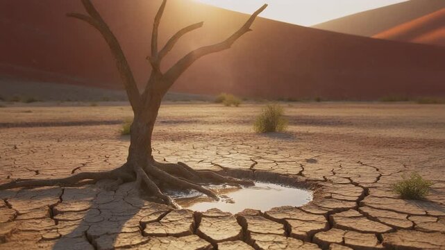 Solitary ancient tree rooted in sunbaked cracked earth with gnarled limbs in desert light