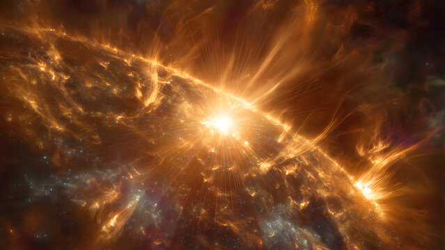 Amber solar flare particles radiating from solar panel metallic plates with plasma arcs and coronal mass ejections, space tech