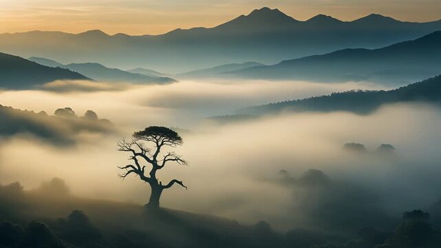 Mist shrouded valleys at dawn with lone knarled tree in foothills