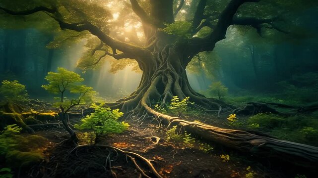 Majestic ancient oak in tranquil forest with glowing sunbeams illuminating gnarled roots