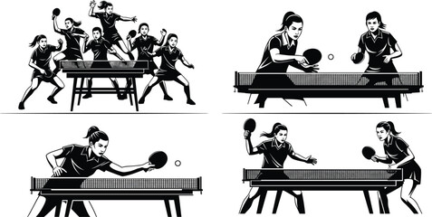 Women table tennis players in action, dynamic ping pong match scenes, black and white vector illustration set for sports competition design