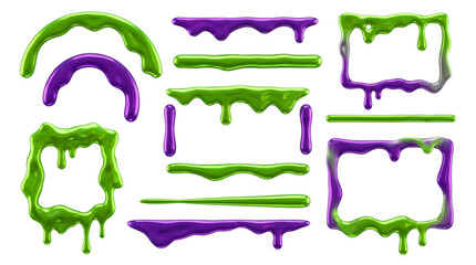 3D green and purple slime dripping frames set. Glossy liquid borders and toxic goo shapes.
