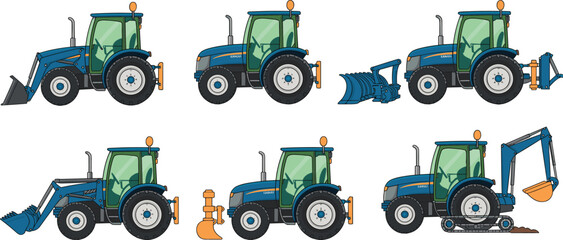 Tractor illustration set with agricultural machinery attachments, modern farm vehicle collection, farming equipment icons, colorful vector design © SreeRupali