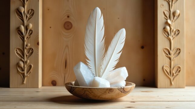 Serene Still Life  White Feathers and Polished Stones Resting in a Wooden Bowl on a Light Wooden Surface