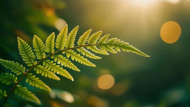 Solitary fern frond unfurls in warm backlit glow with dew-kissed emerald textures