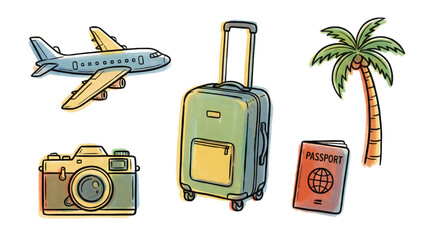 Travel and summer vacation hand drawn sketch set. Airplane, suitcase, palm tree, camera, and passport color illustration