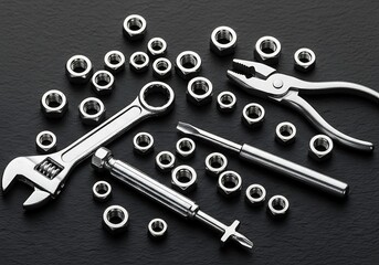 Composition of metallic tools and nuts scattered on a dark textured surface