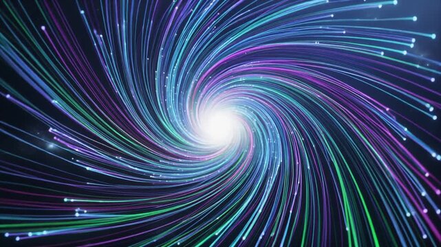 Firefly-like swirling vortex of iridescent optical fibers radiating light and color