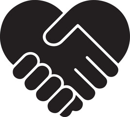 Fototapeta premium Black vector handshake in heart-shaped icon, partnership and agreement symbol, isolated on white