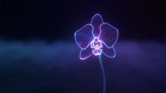 Firefly a singular, elegant wireframe orchid with glowing sapphire filaments and neon grid petals