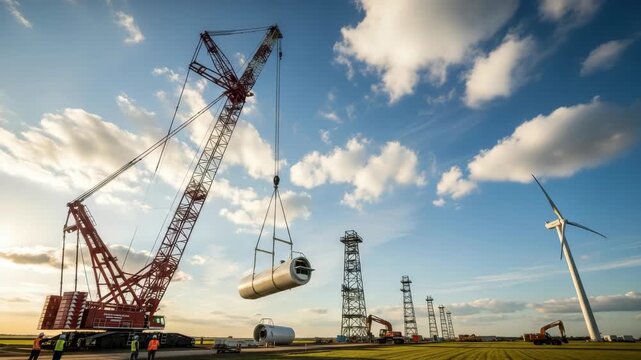 Large Crane Lifts Cylindrical Component For Wind Turbine Construction At Wind Farm Under Sunny Sky Revealing Other Wind Turbine Parts Construction Activity In The Background To Illus