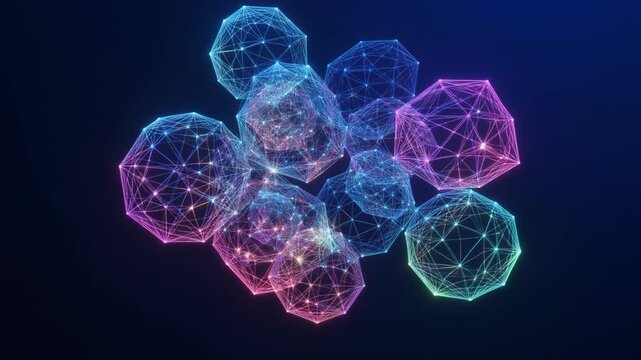 Cluster of glowing geometric wireframe polyhedra interconnected in a dark blue space