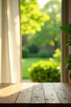 Wooden Tabletop by a Sunlit Window with a Lush Green Garden View