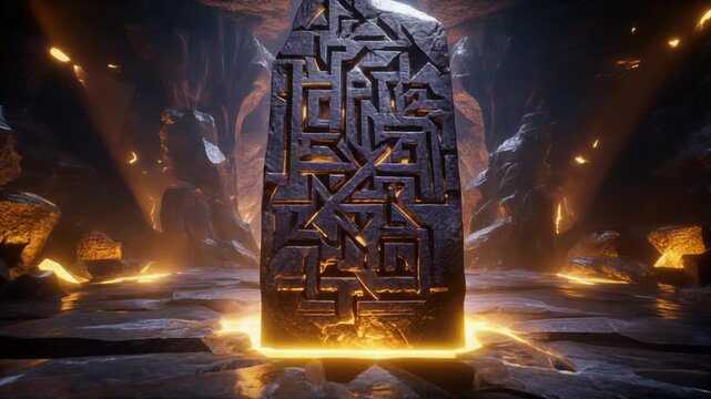 Firefly: ancient monumental stone monolith with interlocking geometric carvings in a dark cavern