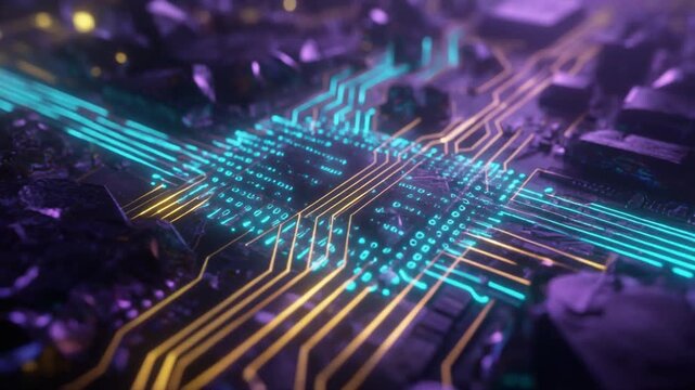 Futuristic circuit board close-animated movie with glowing gold traces on a rugged dark substrate