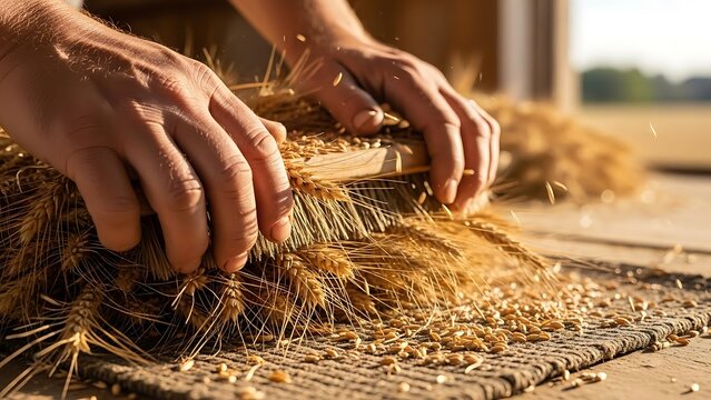 Traditional grain threshing demonstrates the connection to agriculture