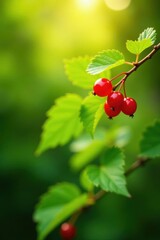 Vibrant Red Berries on Lush Green Foliage Bask in Sunlight's Golden Embrace