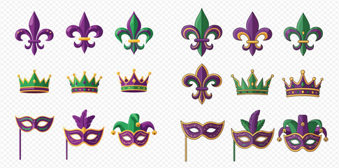 Mardi Gras celebration set with fleur de lis, crowns, and masks in purple, green, and gold colors. © MuammarAuliyan